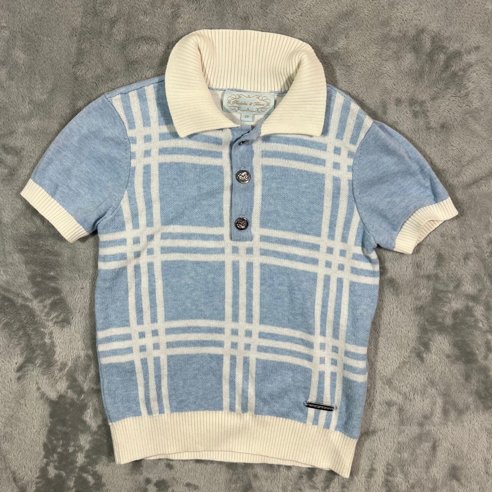 Nicholas & Bears Plaid Knit Polo Shirt Boy 2Y Blue White Short Sleeve Cotton
